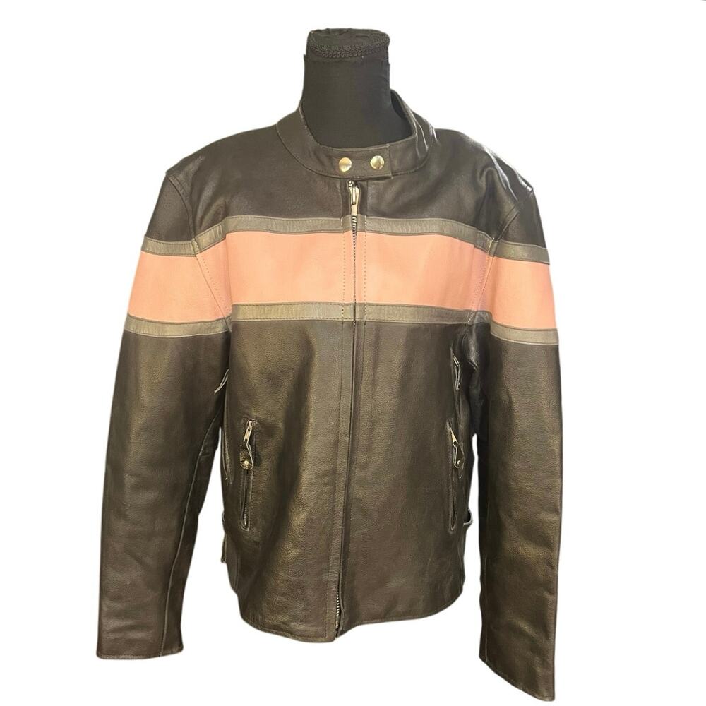Y2K Wild Wear Leather Moto Jacket Black Pink Stripe Biker Jacket Women’s L - Picture 2 of 11